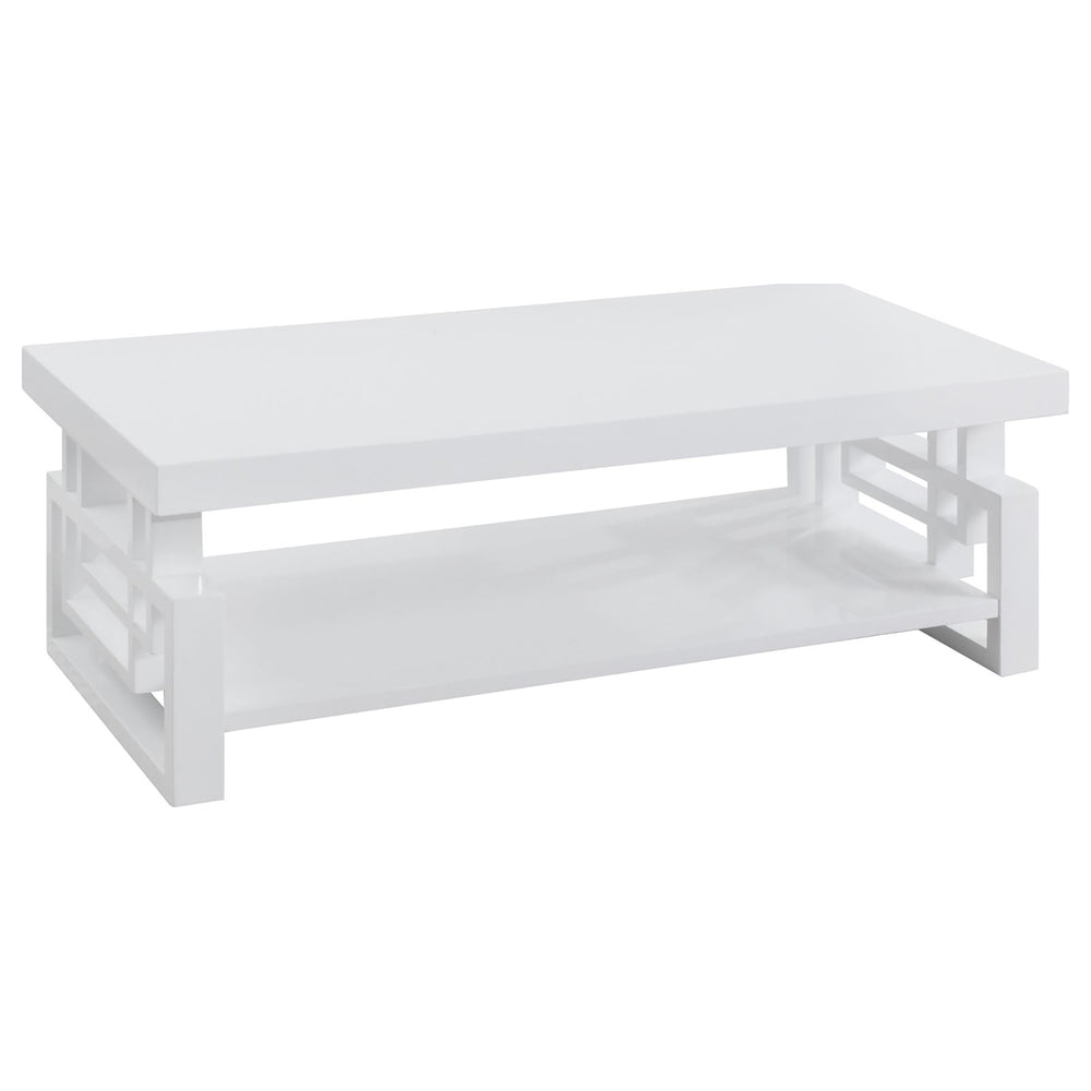 English Elm High High Glossy White Rectangular Coffee Table with Geometric Cutouts Open Shelf Modern Storage Glam B062P145542