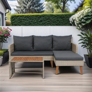 English Elm 3 Piece Patio Sectional Wicker Rattan Sofa Set with Acacia Wood Table Natural Yellow Wicker Cushions Durable Weather-Resistant Construction W329S00037