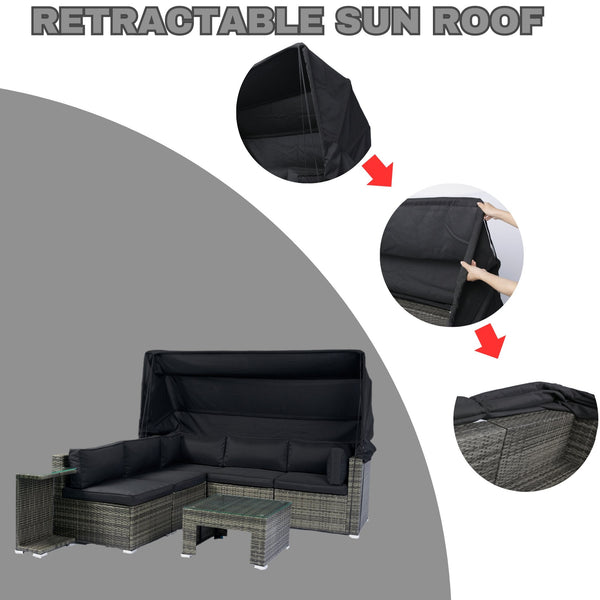 English Elm 7-Piece Patio Set w/ Retractable Canopy, Modular PE Wicker Sectional Sofa, Washable Cushions Gray W329S00029