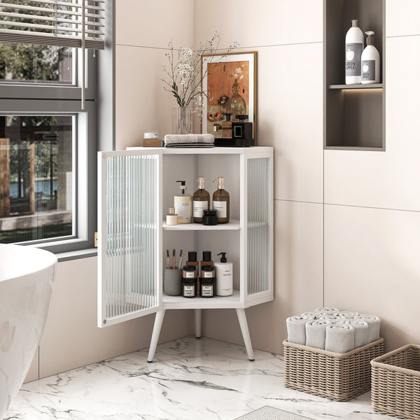 English Elm 22.25 Corner Floor Cabinet with Tempered Glass Door, Triangular Space-Saving Storage for Bath & Home W757130159