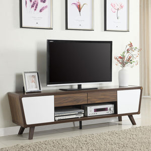 English Elm Dark Walnut and Glossy White TV Console with 2 Doors 2 Drawers Mid-Century Modern Storage for 70" B062P145536