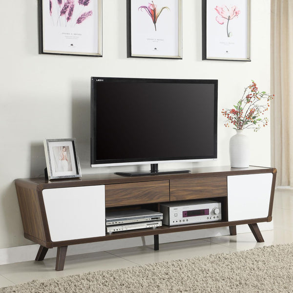English Elm Dark Walnut and Glossy White TV Console with 2 Doors 2 Drawers Mid-Century Modern Storage for 70" B062P145536