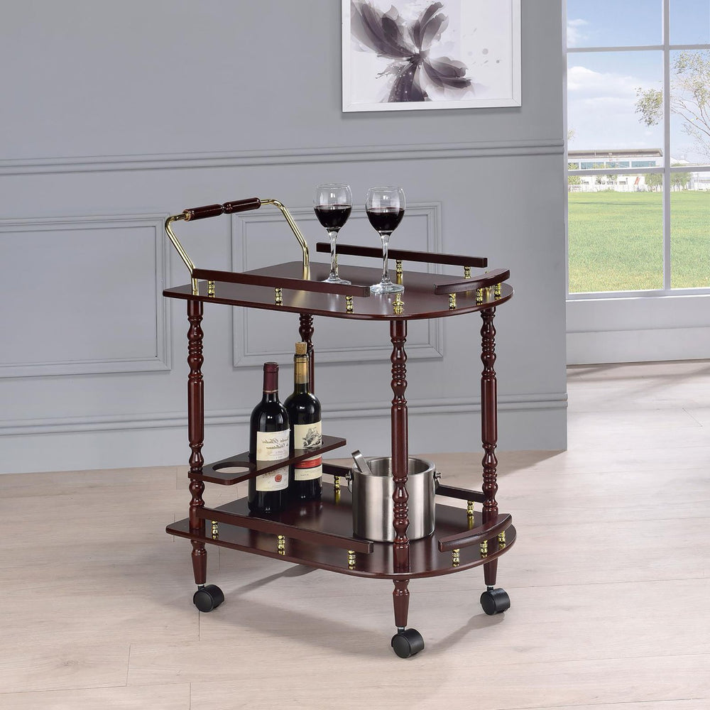 English Elm Merlot Elegant 2-Shelf Serving Cart with Brass Accents, 3-Bottle Wine Rack, Wheels for Easy Entertaining B062P145531