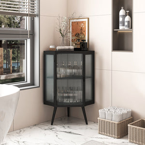 English Elm 22.25" Corner Floor Cabinet with Tempered Glass Door, Triangular Space-Saver Shelves for Bathroom Bedroom Living Room W757130158