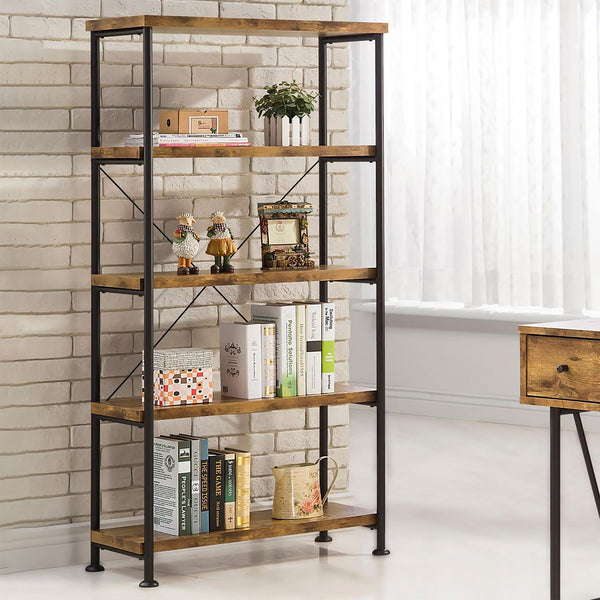 English Elm Antique Rustic Nutmeg & Black 4-Shelf Industrial Bookcase — Sleek Minimal Profile, Sturdy Steel Frame B062P145622