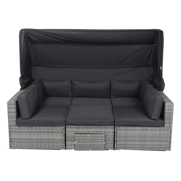 English Elm 7-Piece Patio Set w/ Retractable Canopy, Modular PE Wicker Sectional Sofa, Washable Cushions Gray W329S00029
