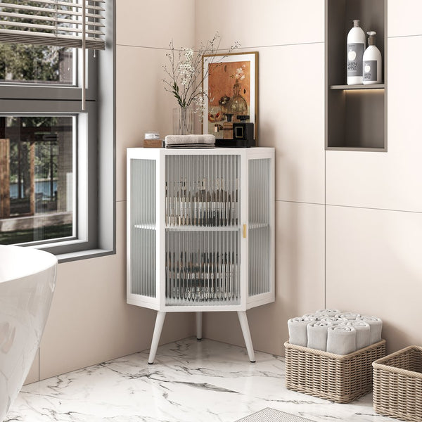 English Elm 22.25 Corner Floor Cabinet with Tempered Glass Door, Triangular Space-Saving Storage for Bath & Home W757130159