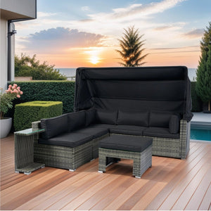 English Elm 7-Piece Patio Set w/ Retractable Canopy, Modular PE Wicker Sectional Sofa, Washable Cushions Gray W329S00029