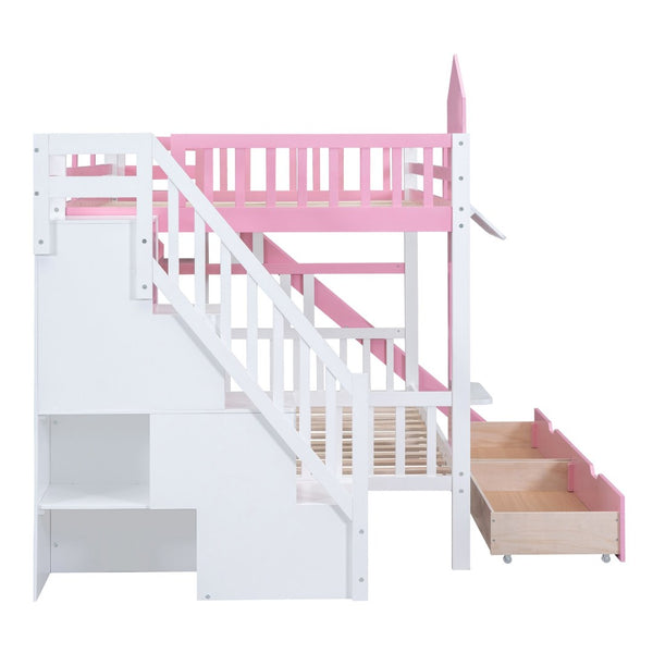 English Elm Full-over-full Castle Bunk Bed with Slide Drawers Shelves Pinewood Kids Frame LT000558AAH-3