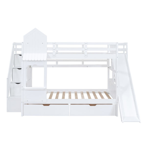 English Elm Full-over-full Castle Bunk Bed with Slide Drawers Shelves Pinewood Kids Frame White LT000558AAK-3