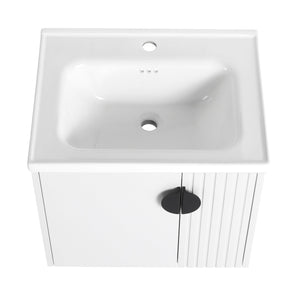 English Elm 24 Inch Wall-Mounted Vanity with Ceramic Sink, Wave Door Accent, Soft-Close Hinges, Eco Plywood Durable Finish White W999P146015