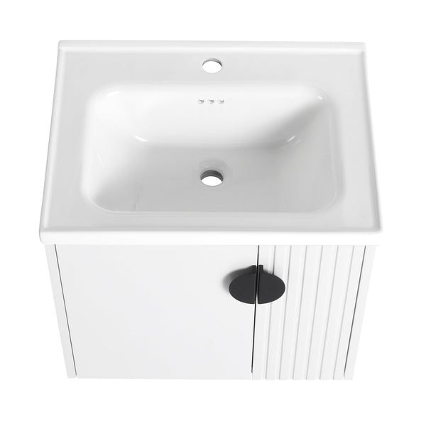 English Elm 24 Inch Wall-Mounted Vanity with Ceramic Sink, Wave Door Accent, Soft-Close Hinges, Eco Plywood Durable Finish White W999P146015