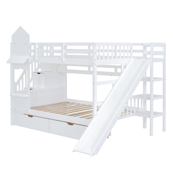 English Elm Full-over-full Castle Bunk Bed with Slide Drawers Shelves Pinewood Kids Frame LT000558AAK-2