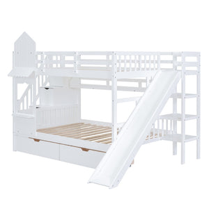 English Elm Full-over-full Castle Bunk Bed with Slide Drawers Shelves Pinewood Kids Frame White LT000558AAK-3