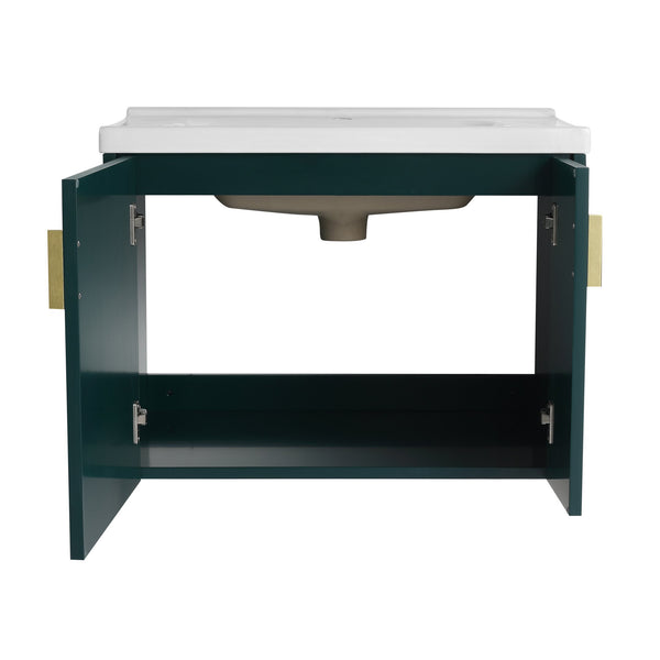 English Elm 28 Inch Wall-Mounted Bathroom Vanity with Ceramic Sink, Wave Dual Doors, Soft-Close Hinges, Durable Finish Green W999P146023
