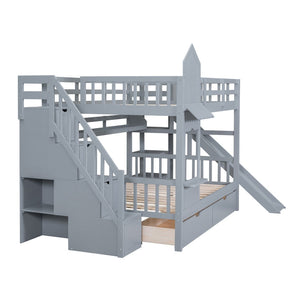 English Elm Full-over-full Castle Bunk Bed with Slide Drawers Shelves Pinewood Kids Frame Gray LT000558AAE-3