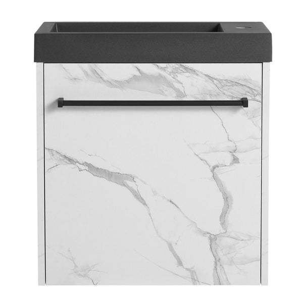 English Elm 20'' Floating Wall-Mounted Vanity with Resin Sink, Soft-Close Door & Open Shelves for Compact Baths White+Black W999P143207