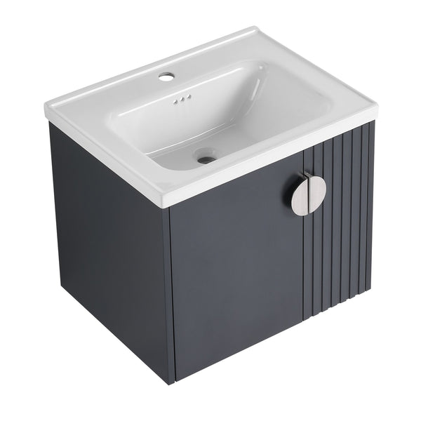 English Elm 24 Inch Wall-Mounted Vanity with Ceramic Sink, Wave Door Accent, Soft-Close Hinges, Eco Plywood Durable Finish Black W999P146017