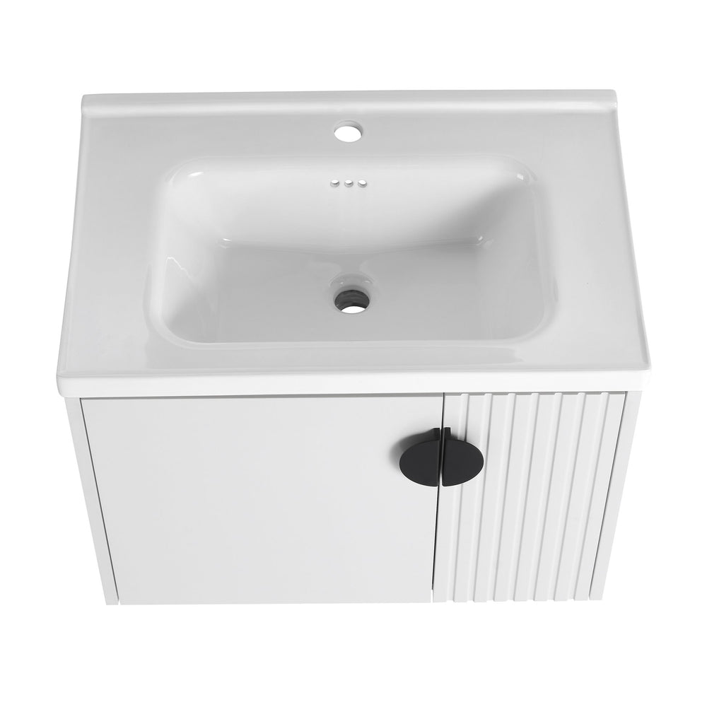 English Elm 28 Inch Wall-Mounted Bathroom Vanity with Ceramic Sink, Wave Dual Doors, Soft-Close Hinges, Durable Finish White W999P146019