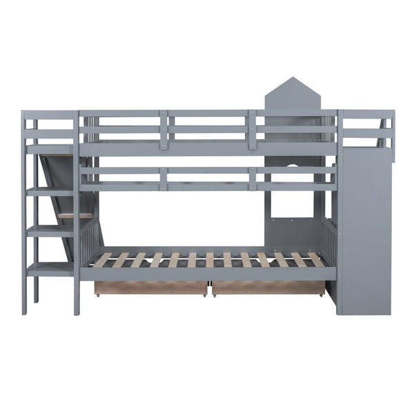 English Elm Twin-over-twin Castle Bunk Bed with Slide Storage Drawers and Shelves for Kids Gray LT000559AAE-2