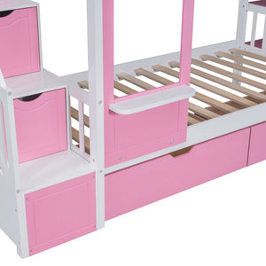 English Elm Twin-over-twin Castle Bunk Bed with Slide Storage Drawers and Shelves for Kids Pink LT000559AAH-3