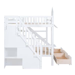 English Elm Full-over-full Castle Bunk Bed with Slide Drawers Shelves Pinewood Kids Frame White LT000558AAK-3