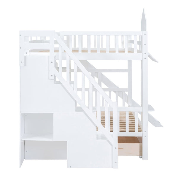 English Elm Full-over-full Castle Bunk Bed with Slide Drawers Shelves Pinewood Kids Frame LT000558AAK-2