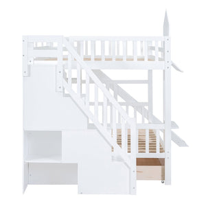 English Elm Full-over-full Castle Bunk Bed with Slide Drawers Shelves Pinewood Kids Frame White LT000558AAK-3