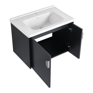 English Elm 28 Inch Wall-Mounted Bathroom Vanity with Ceramic Sink, Wave Dual Doors, Soft-Close Hinges, Durable Finish Black W999P146021