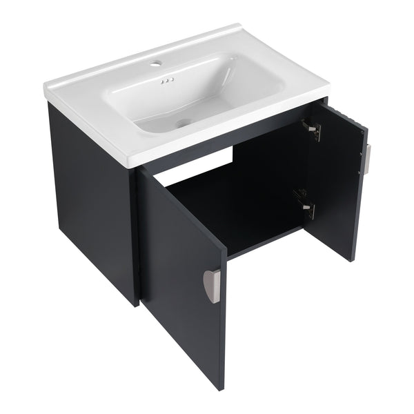 English Elm 28 Inch Wall-Mounted Bathroom Vanity with Ceramic Sink, Wave Dual Doors, Soft-Close Hinges, Durable Finish Black W999P146021