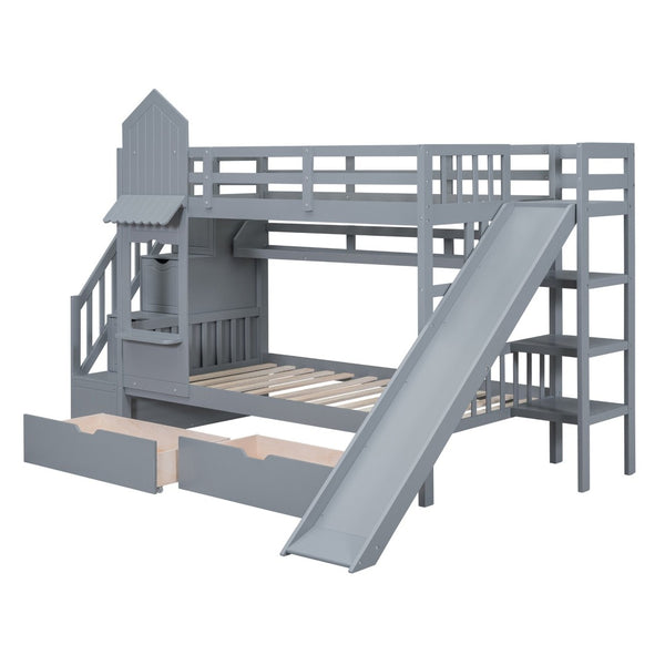 English Elm Twin-over-twin Castle Bunk Bed with Slide Storage Drawers and Shelves for Kids Gray LT000559AAE-3