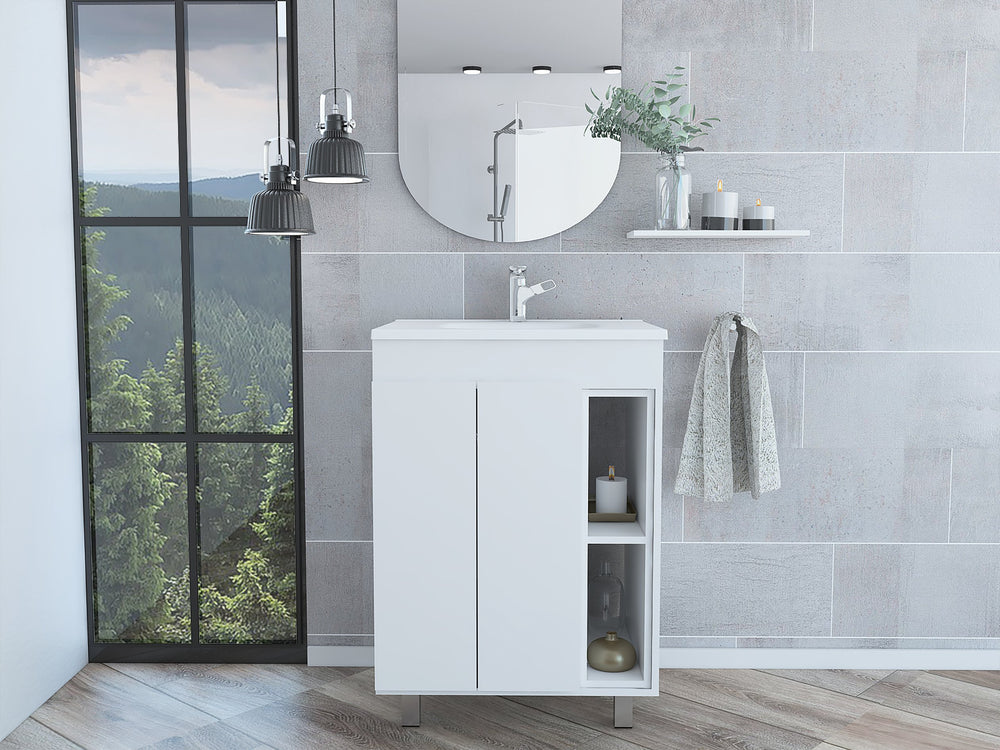 English Elm Vanity Akron White Bathroom Vanity 23.8" Wide Drop-In Sink Cabinet Open Cubby Display Durable Particle Board B092S00005