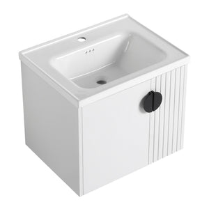 English Elm 24 Inch Wall-Mounted Vanity with Ceramic Sink, Wave Door Accent, Soft-Close Hinges, Eco Plywood Durable Finish White W999P146015