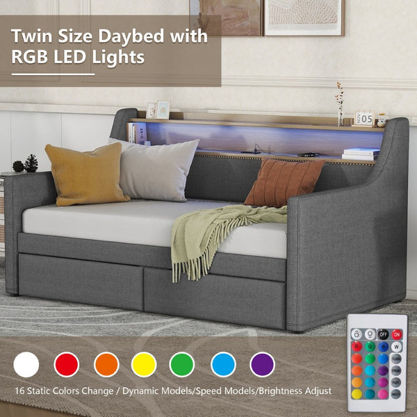 English Elm Twin Size Daybed With Built-In Storage, Charging Station & Led Lights - Stylish Gray Upholstered Design W1580S00060-GIGA
