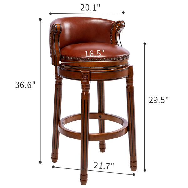 English Elm Seat 29.5" Brown Leather Wooden Bar Stool - 360° Swivel, Eco-Friendly Design For Kitchen & Home W2195135485-GIGA