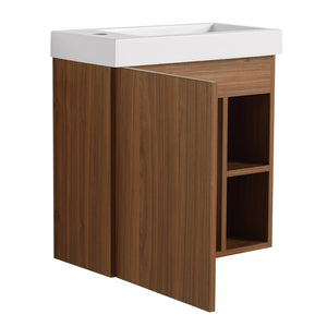 English Elm 20'' Floating Wall-Mounted Vanity with Resin Sink, Soft-Close Door & Open Shelves for Compact Baths Walnut W999P143199