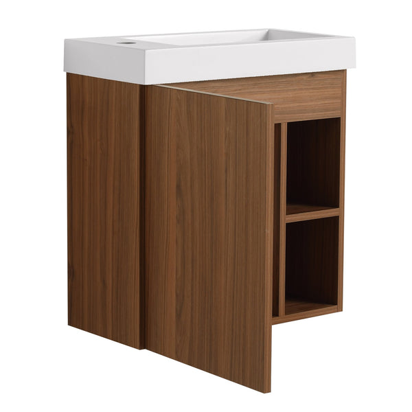 English Elm 20'' Floating Wall-Mounted Vanity with Resin Sink, Soft-Close Door & Open Shelves for Compact Baths Walnut W999P143199