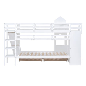 English Elm Twin-over-twin Castle Bunk Bed with Slide Storage Drawers and Shelves for Kids White LT000559AAK-2