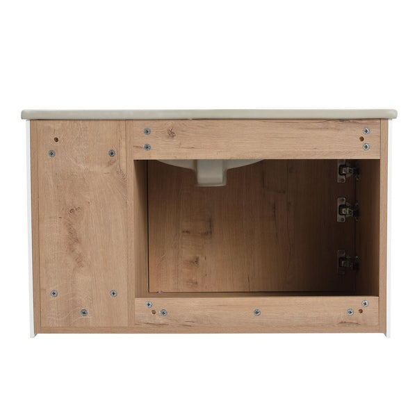 English Elm 30'' 30" Floating Wall-Mounted Vanity Cabinet with Soft-Close Door, Plywood Trim, Open Shelves, Metal Handle W999P145695