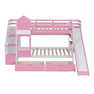 English Elm Twin-over-twin Castle Bunk Bed with Slide Storage Drawers and Shelves for Kids Pink LT000559AAH-3