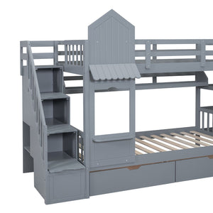 English Elm Twin-over-twin Castle Bunk Bed with Slide Storage Drawers and Shelves for Kids Gray LT000559AAE-1