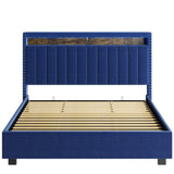 Hearth and Haven Luxury Gas Lift Storage Bed with Rf Led Lights, Storage Headboard , Full Size , Velvet Blue W2239S00005