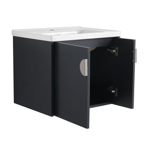 English Elm 24 Inch Wall-Mounted Vanity with Ceramic Sink, Wave Door Accent, Soft-Close Hinges, Eco Plywood Durable Finish Black W999P146017
