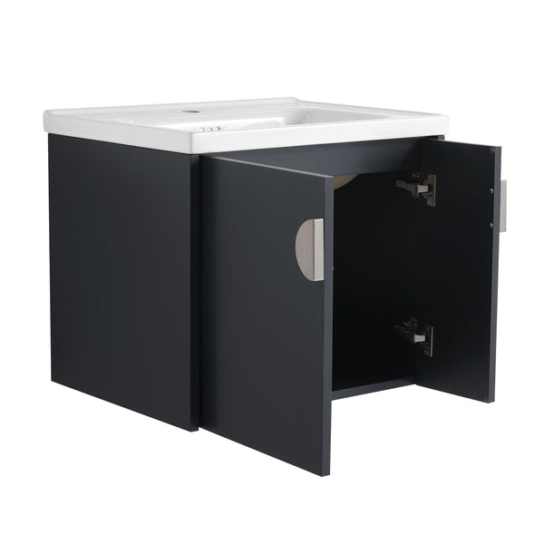 English Elm 24 Inch Wall-Mounted Vanity with Ceramic Sink, Wave Door Accent, Soft-Close Hinges, Eco Plywood Durable Finish Black W999P146017