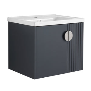 English Elm 24 Inch Wall-Mounted Vanity with Ceramic Sink, Wave Door Accent, Soft-Close Hinges, Eco Plywood Durable Finish Black W999P146017