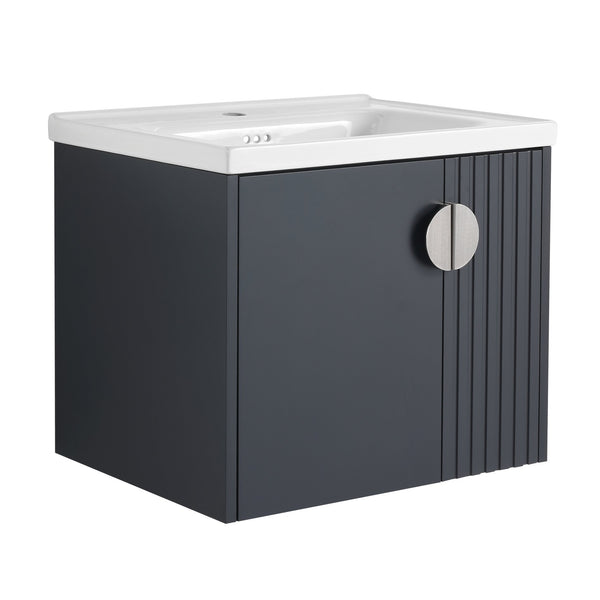 English Elm 24 Inch Wall-Mounted Vanity with Ceramic Sink, Wave Door Accent, Soft-Close Hinges, Eco Plywood Durable Finish Black W999P146017