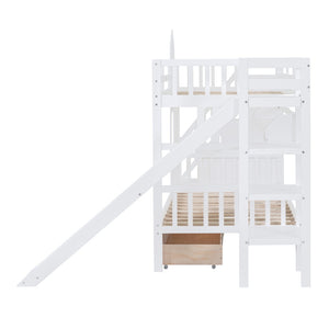 English Elm Twin-over-twin Castle Bunk Bed with Slide Storage Drawers and Shelves for Kids White LT000559AAK-1