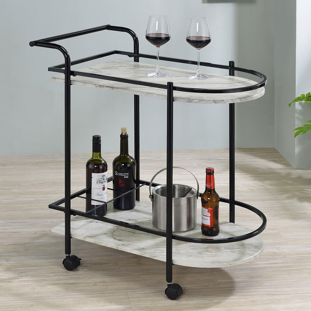 English Elm Black Faux White Marble Serving Cart with 2-Tier Shelves, 3-Bottle Wine Rack & Locking Casters — Sleek Entertaining Station (32" H) B062P145636