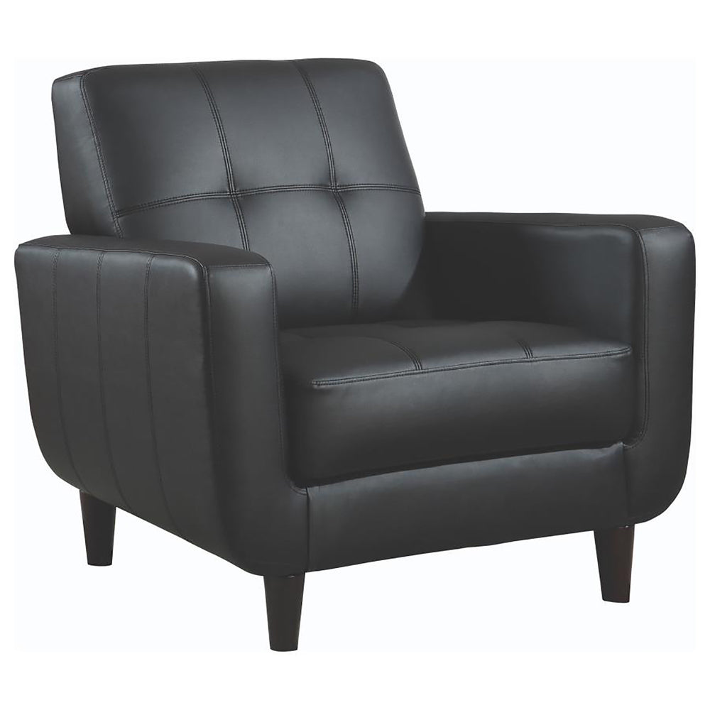 English Elm Black Track Arm Accent Chair with Tufted Faux Leather, Curved Silhouette, Cappuccino Legs — Stylish Transitional Seating for Living Room Comfort and Durability B062P145483