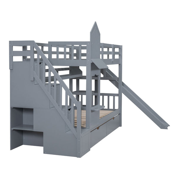 English Elm Twin-over-twin Castle Bunk Bed with Slide Storage Drawers and Shelves for Kids Gray LT000559AAE-2